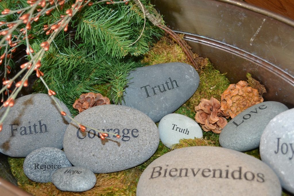 courage, truth, faith, word stone